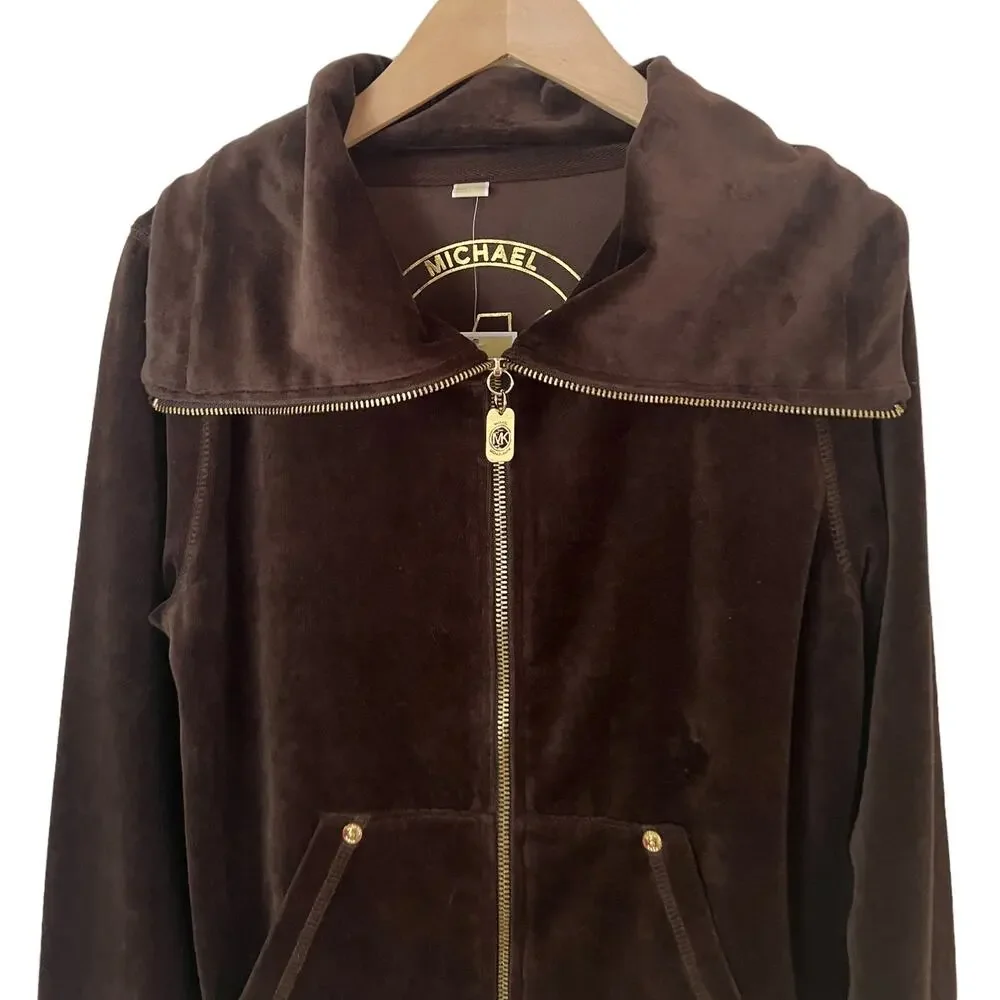NWT MICHAEL Michael Kors Brown Velour Zip Front Track Jacket Size XS